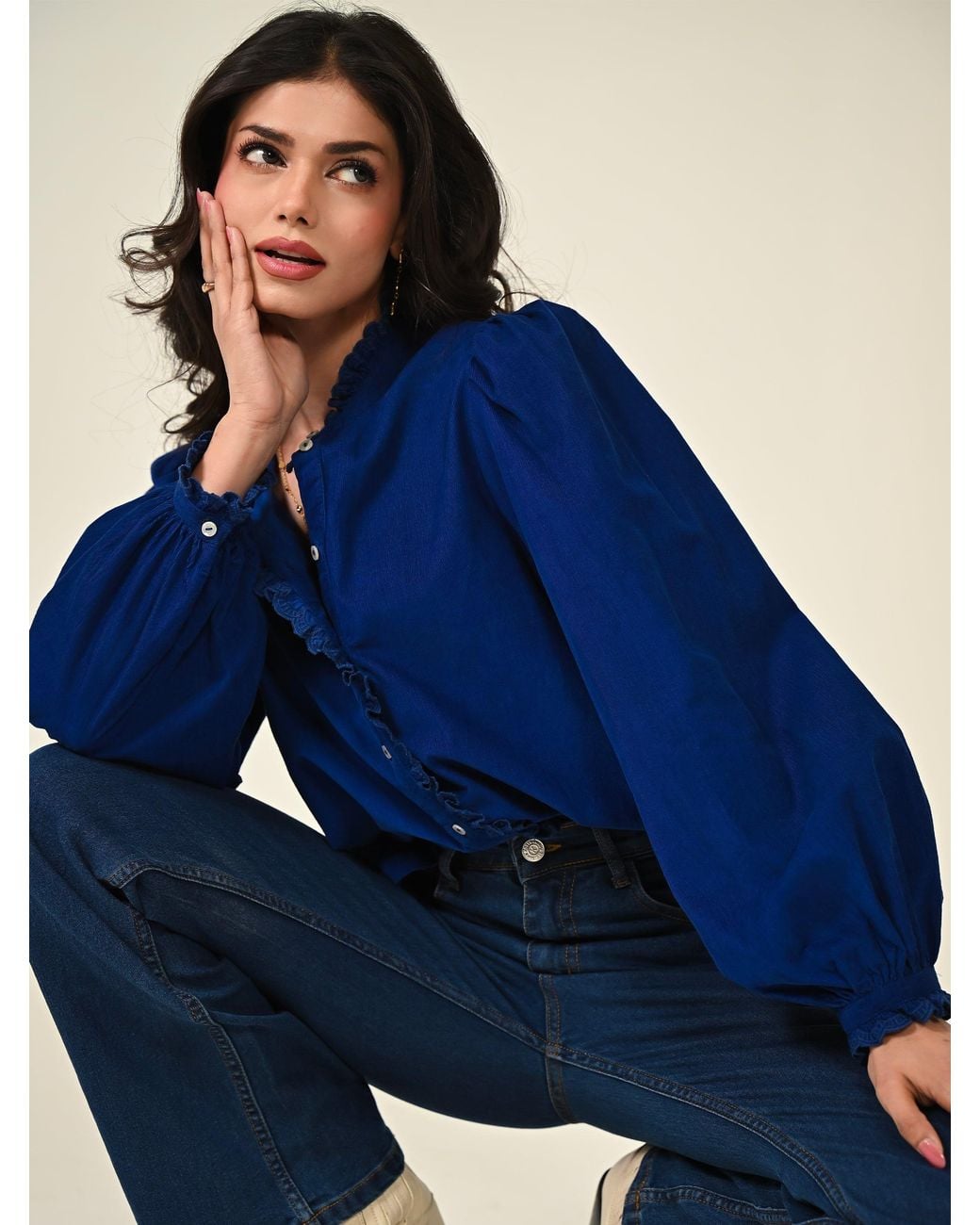 Rose & Nancy Blue Nerys Cord Embroidered Frill Blouse