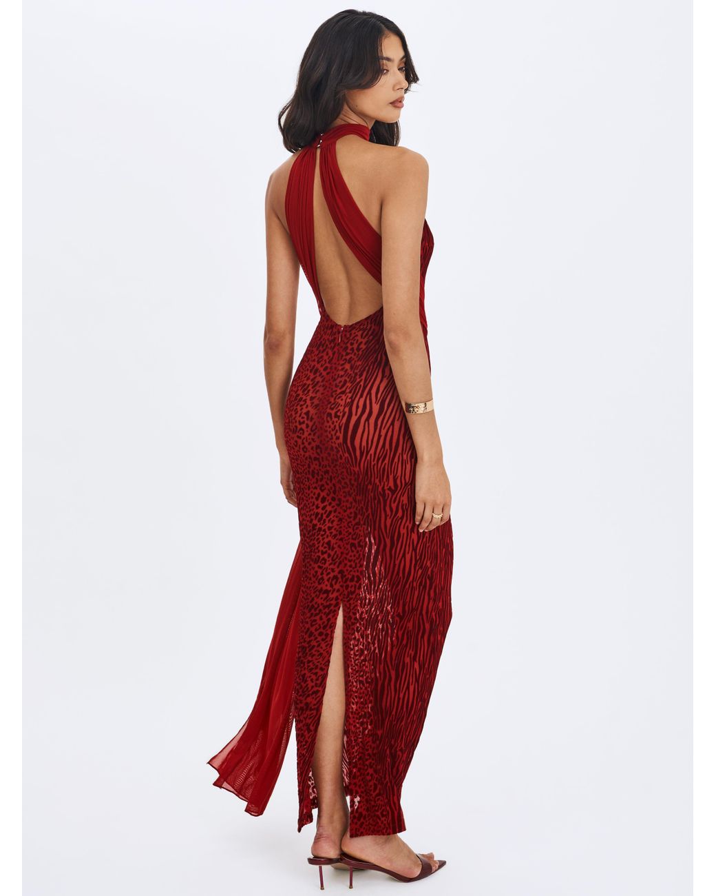 Miss Circle New York Red Cerise Scarlet Burnout Velvet Multiwear Mesh Ribbon Maxi Dress