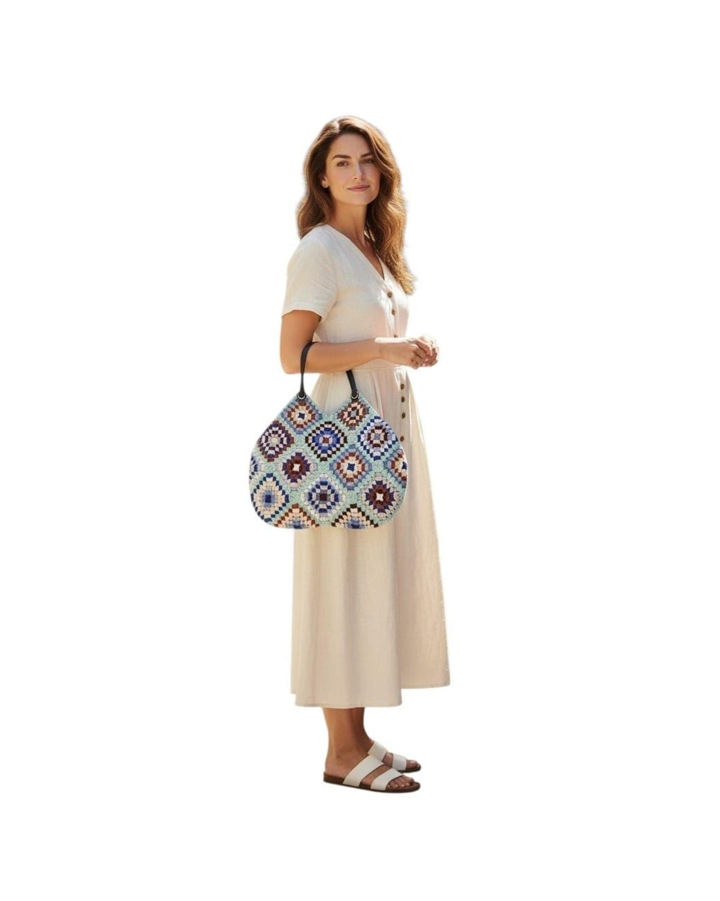 Springmoonatelier Blue Handmade Granny Square Tote – Boho Crochet Bag