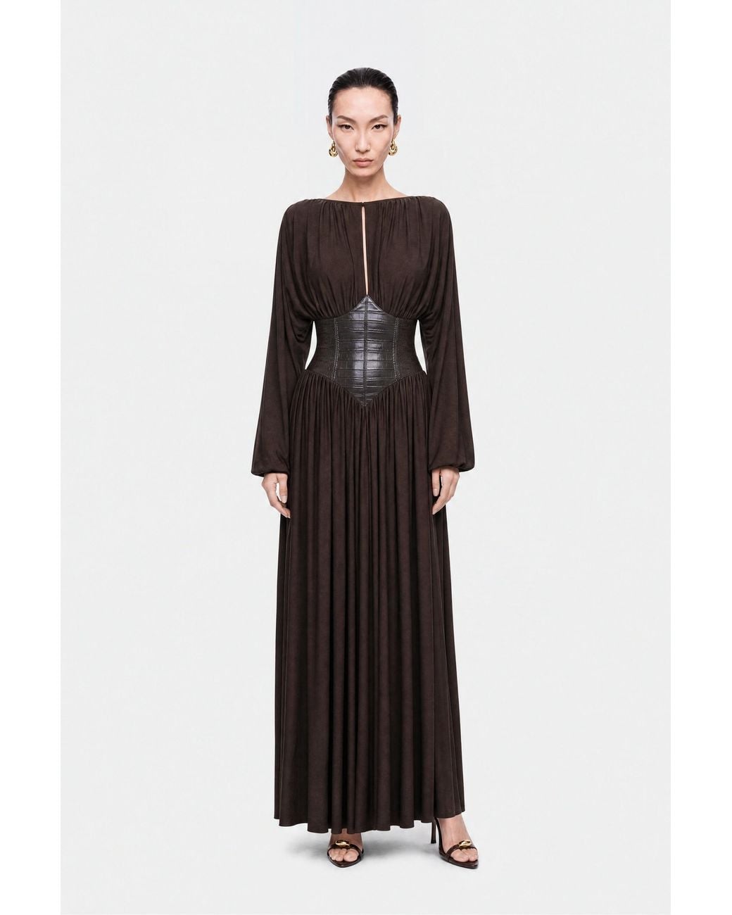 Nocturne Brown Leather Corset Maxi Dress