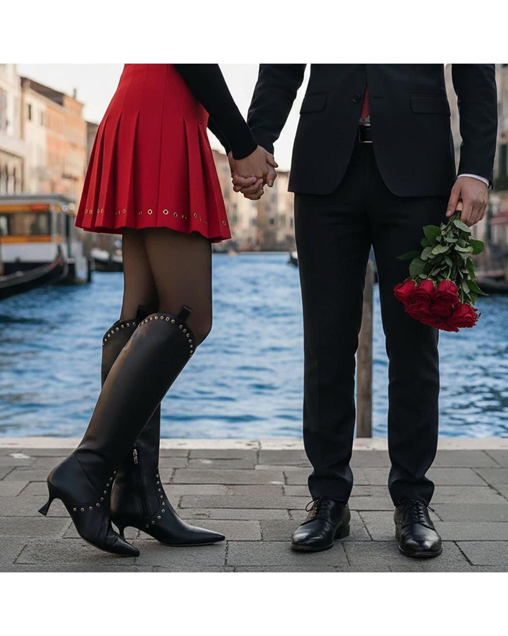 Beautiisoles by Robyn Shreiber Made in Italy Black Vanesa Leather Knee-High Boot With Studs & Kitten Heel Elegant For Work & Valentine Day