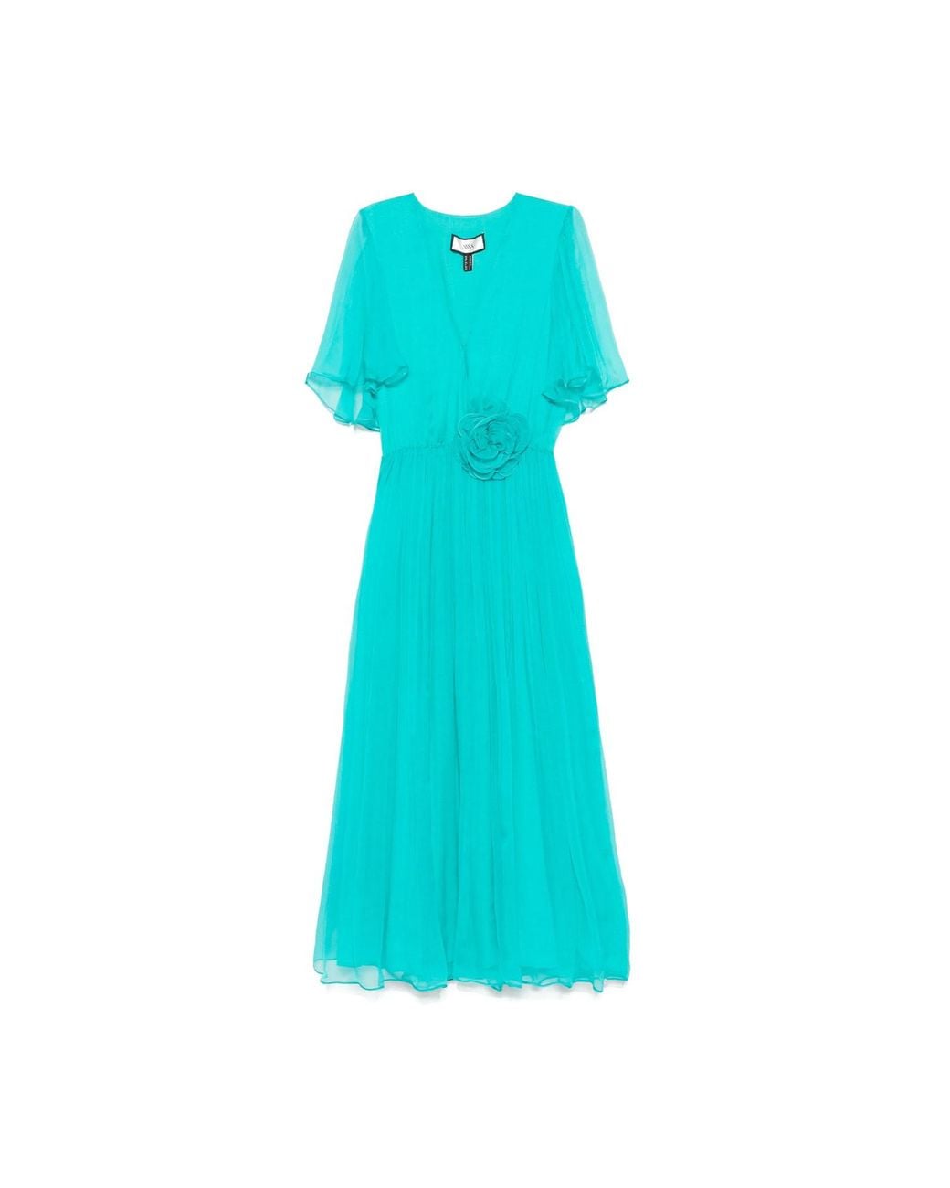 Nissa Blue Floral-Appliqué Silk Midi Dress Aqua
