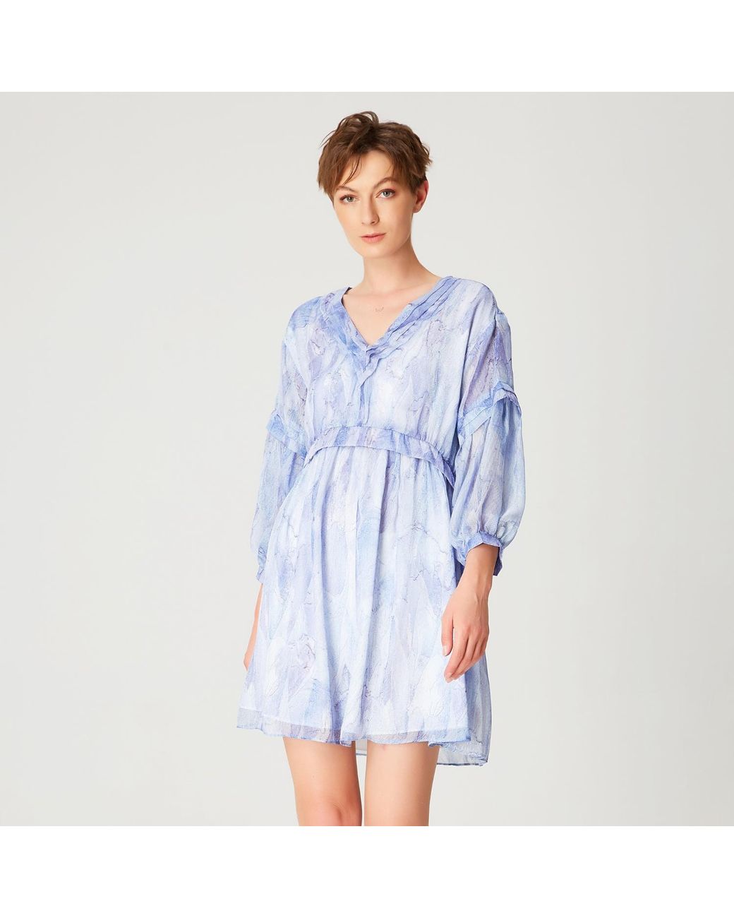 Smart and Joy Blue Short Trapeze Chiffon Dress With Abstract Print