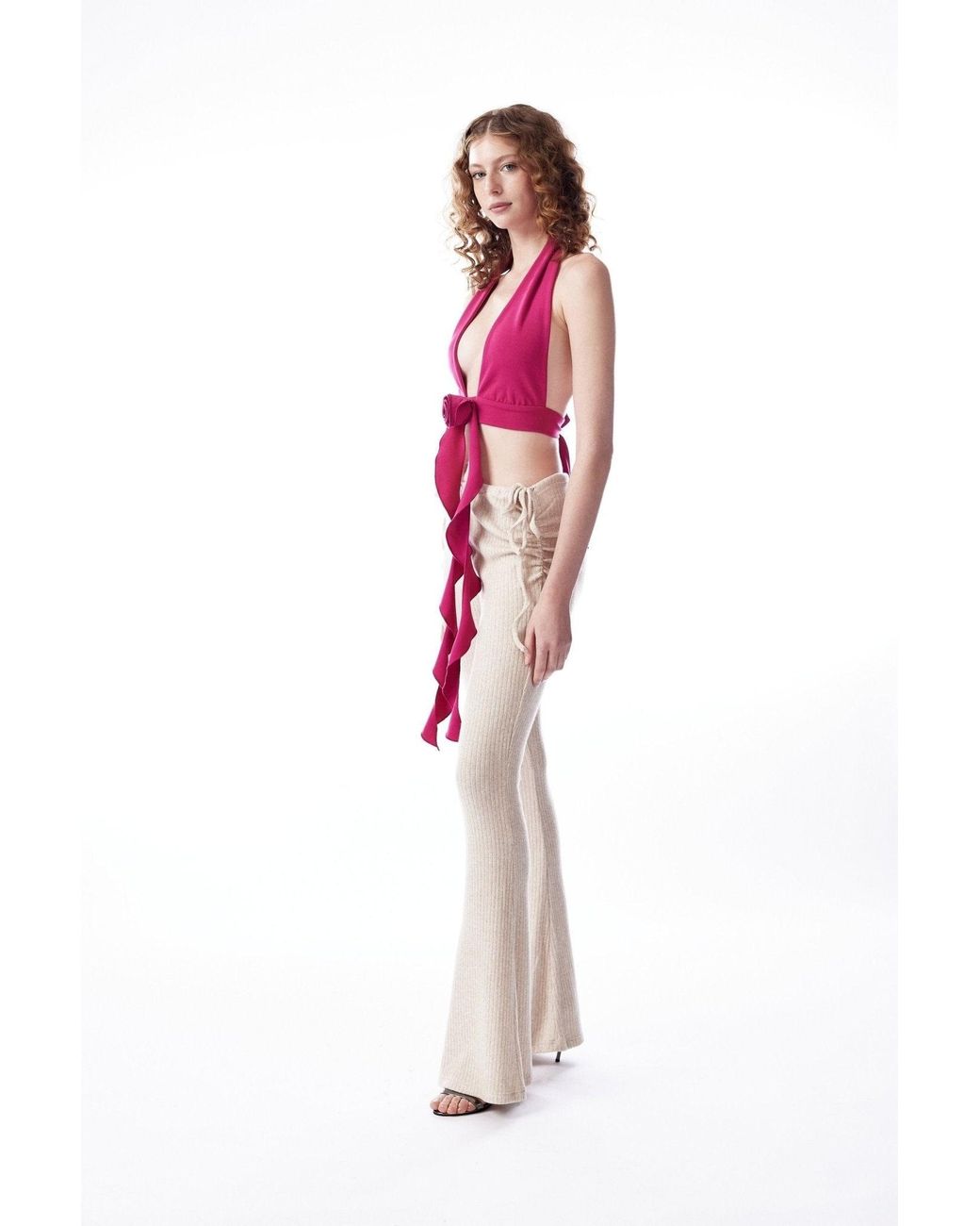 No'design Natural Neutrals Flared Pants With Side Ruched Detail