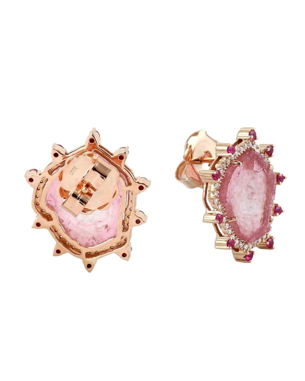 Artisan Pink 18K Melon Tourmaline, Ruby & Diamond Stud Earrings