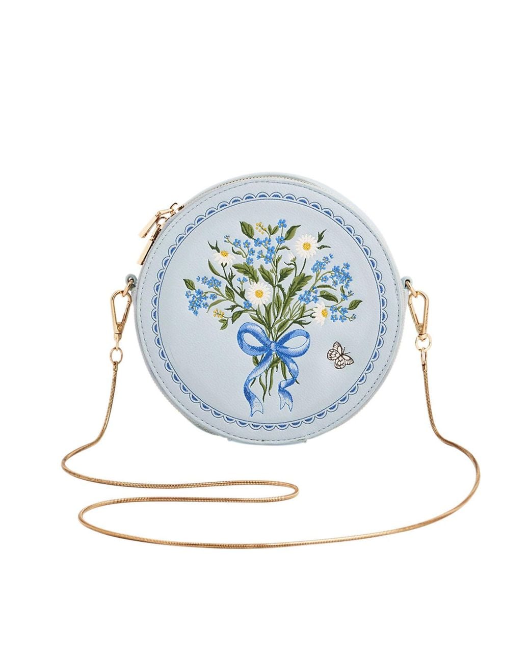 Fable England Blue Isabel Floral Bow Embroidered Circle Bag