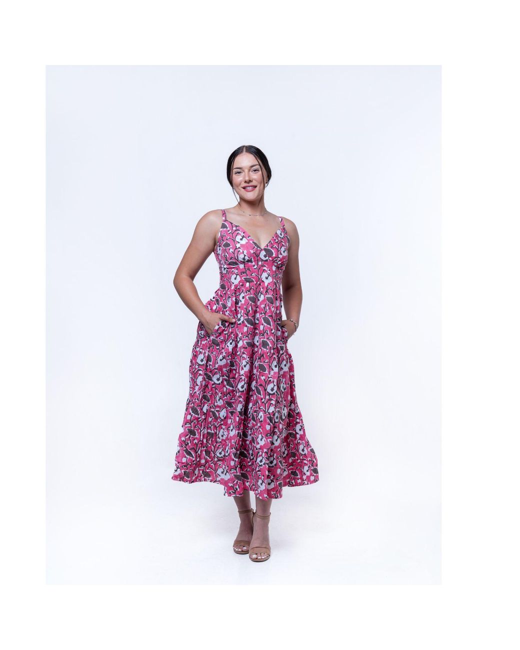 House of Gl Pink Elira Cotton Sweetheart Neckline Midi Dress With Smocked Back