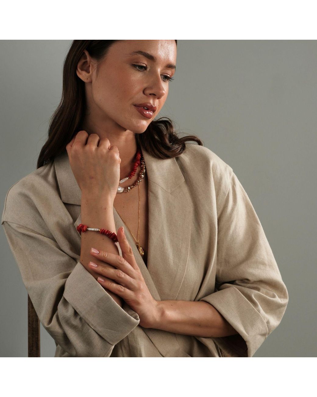 LINYA JEWELLERY Red Amorphous Baroque Pearl Coral Bracelet