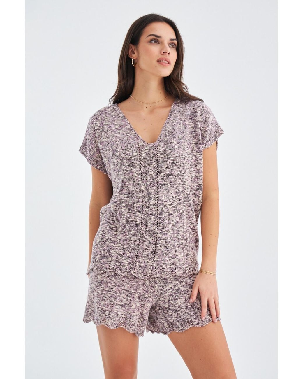 Peraluna Purple Renge Knitted Blouse & Shorts Matching Set