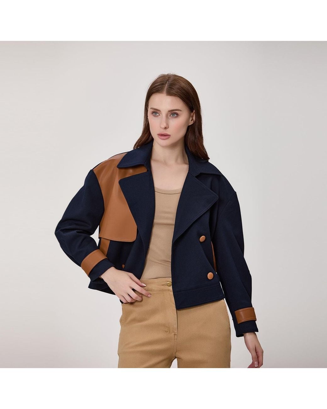 Smart and Joy Blue Short Double-Breasted Trench Coat With Contrasting Panels