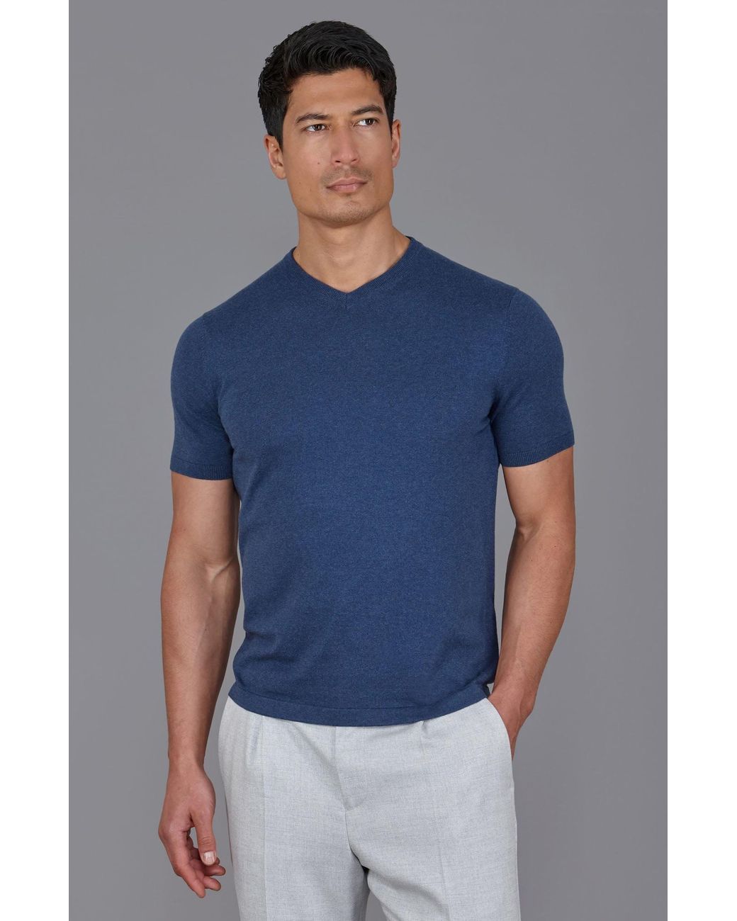 Paul James Knitwear Blue Ultra Fine Cotton Hudson High V Neck Knitted T-Shirt for men