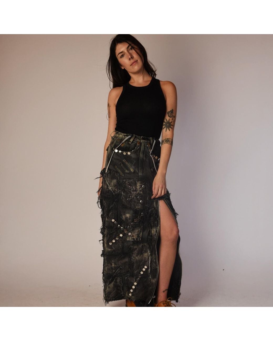 Zasta Studio Gray Shred Couture Studded Denim Skirt C