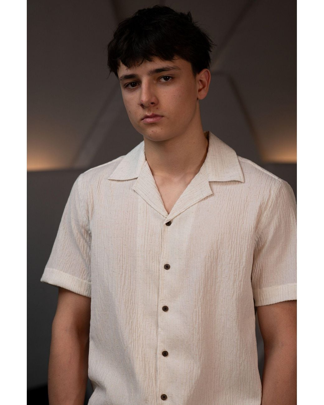 Stovaria Natural Camp Collar Half Sleeve Crushed Cotton Shirt With Coconut Shell Buttons for men