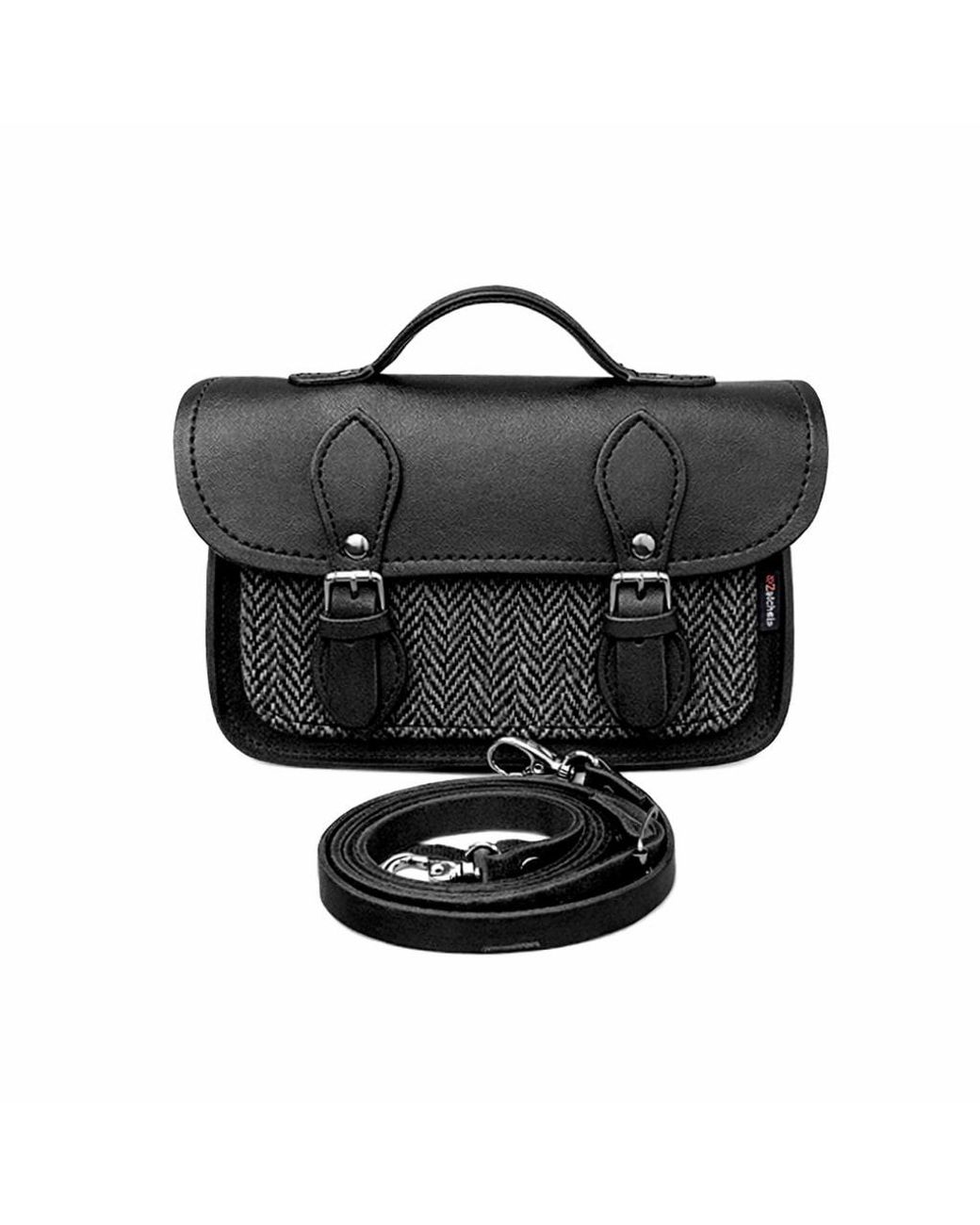 Zatchels Black Handmade Tannery Leather & Tweed Cross Body Micro Satchel Plus