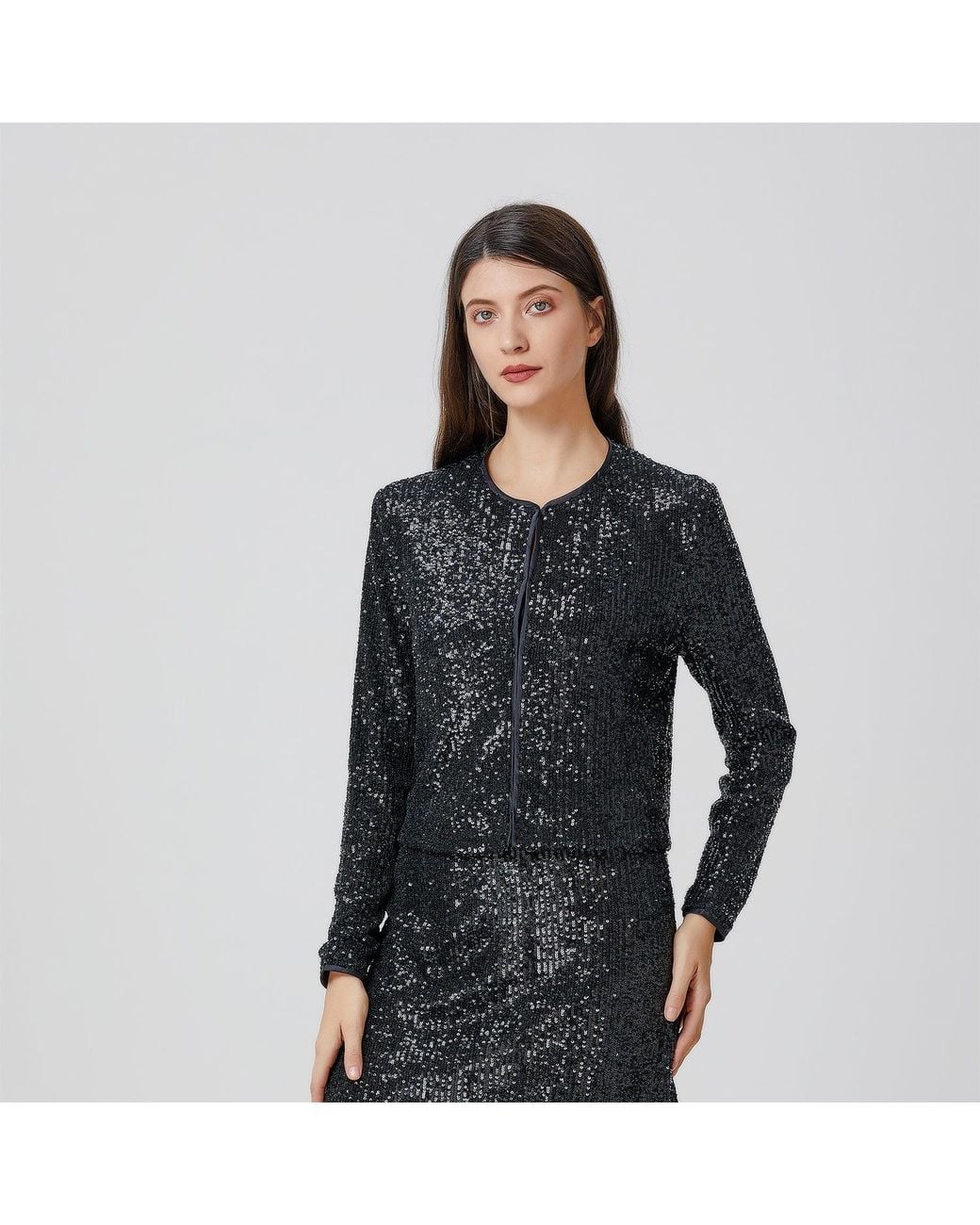 Smart and Joy Gray Rhinestone Jacket With A Round Neckline