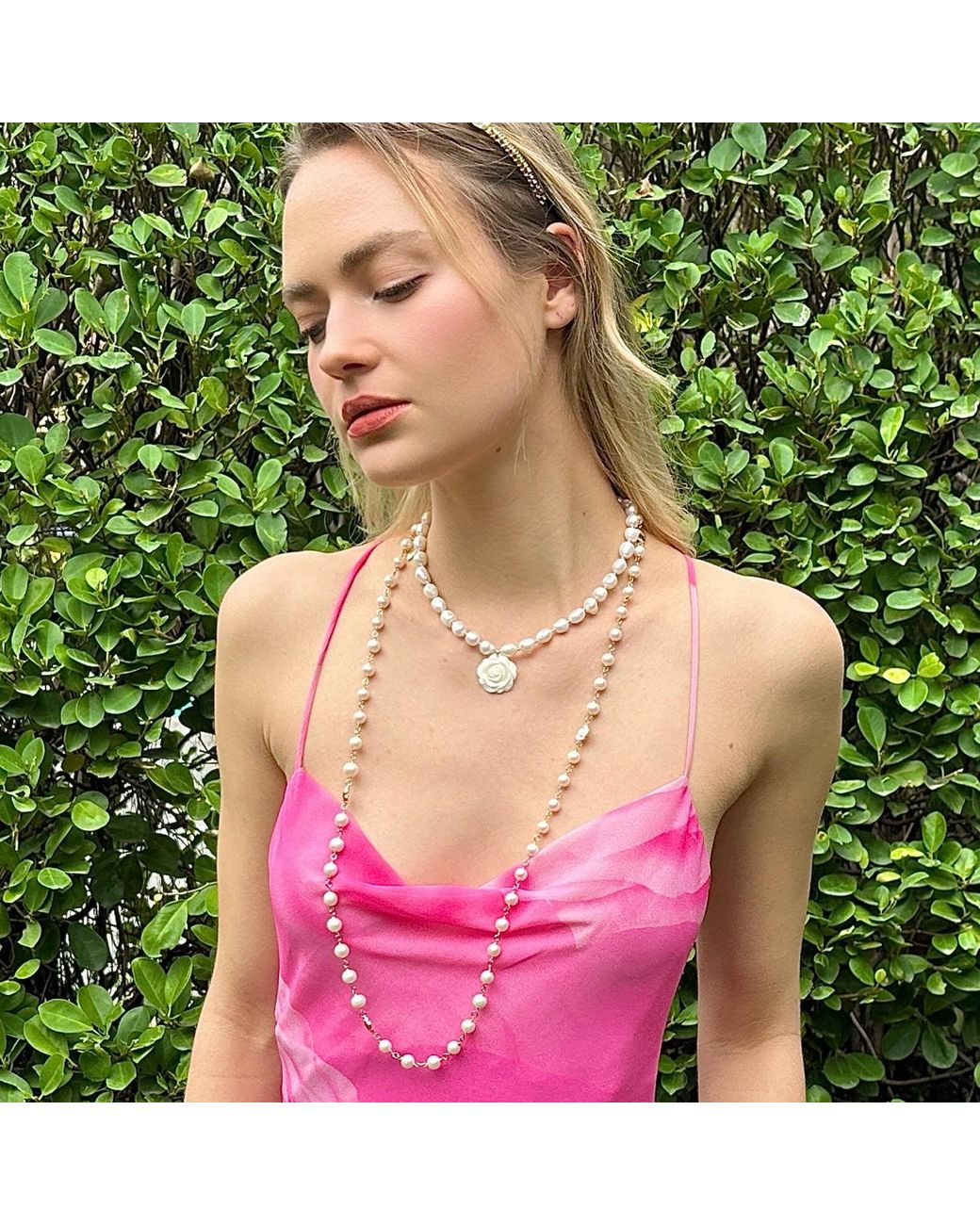 Farra Metallic Timeless Freshwater Pearls With Rose Flowers Long Necklace