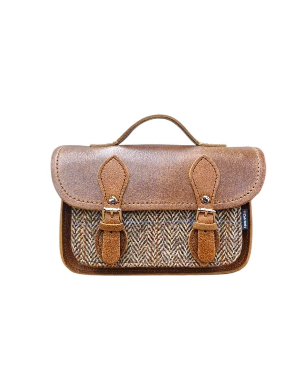 Zatchels Brown Handmade Tannery Leather & Tweed Cross Body Micro Satchel Plus