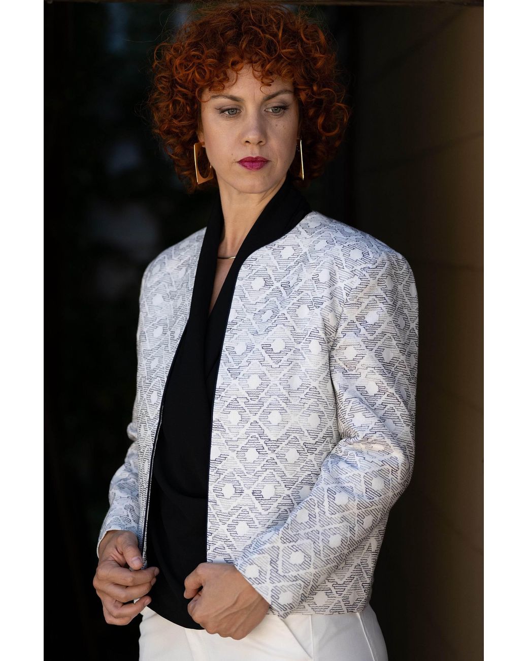 Stovaria Gray Ivory Embroidered Pure Linen Statement Jacket