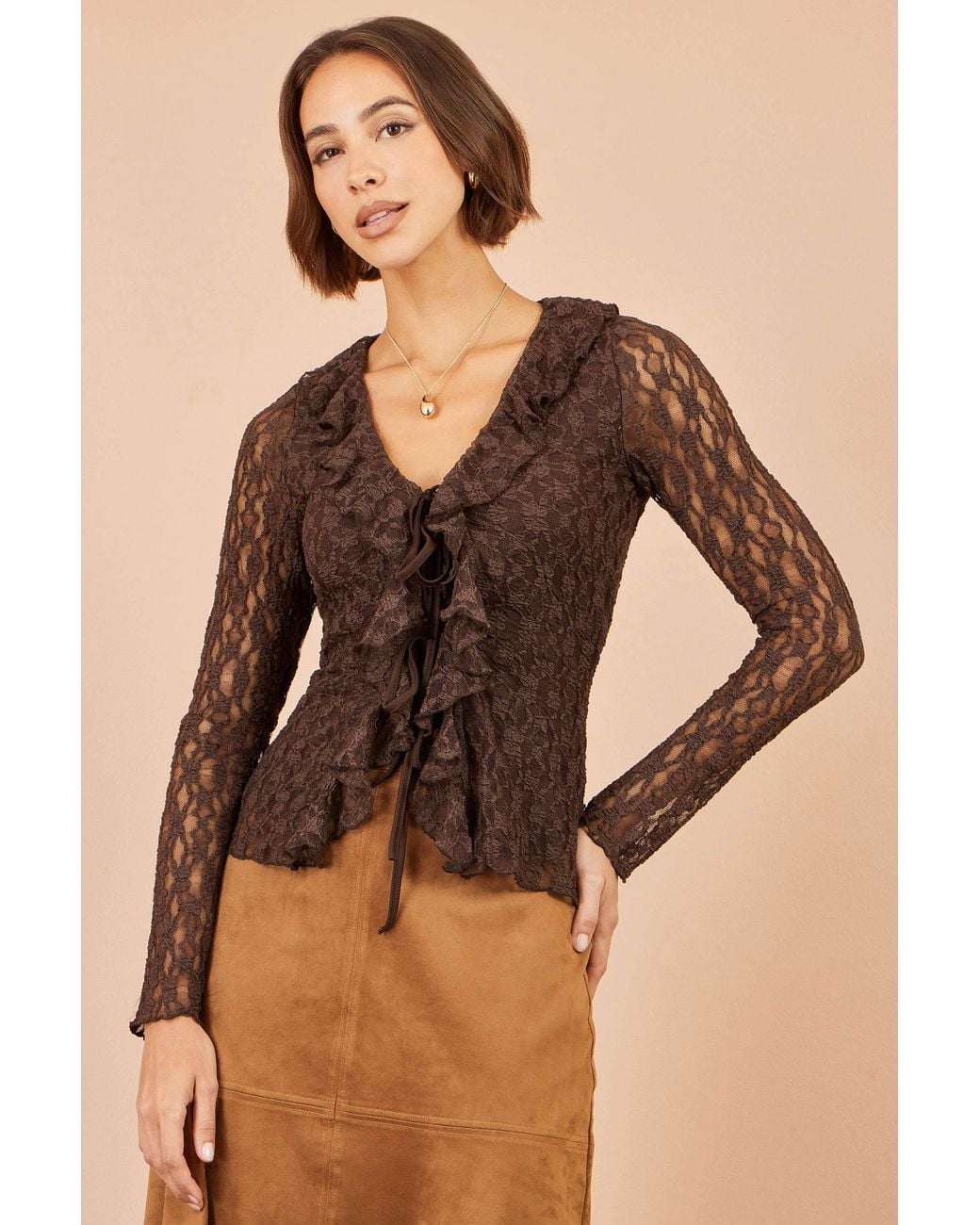Yumi' Brown Ruffle Lace Top