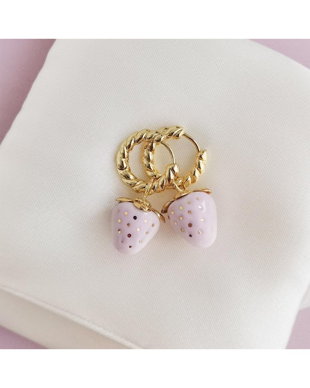 POPORCELAIN Metallic Mini Porcelain Strawberry Hoop Earrings
