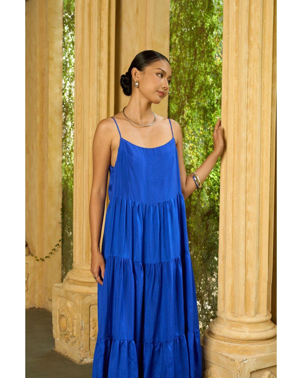 Silk and Bears Blue Valentina Royal 100% Silk Tiered Maxi Dress — Habotai Silk