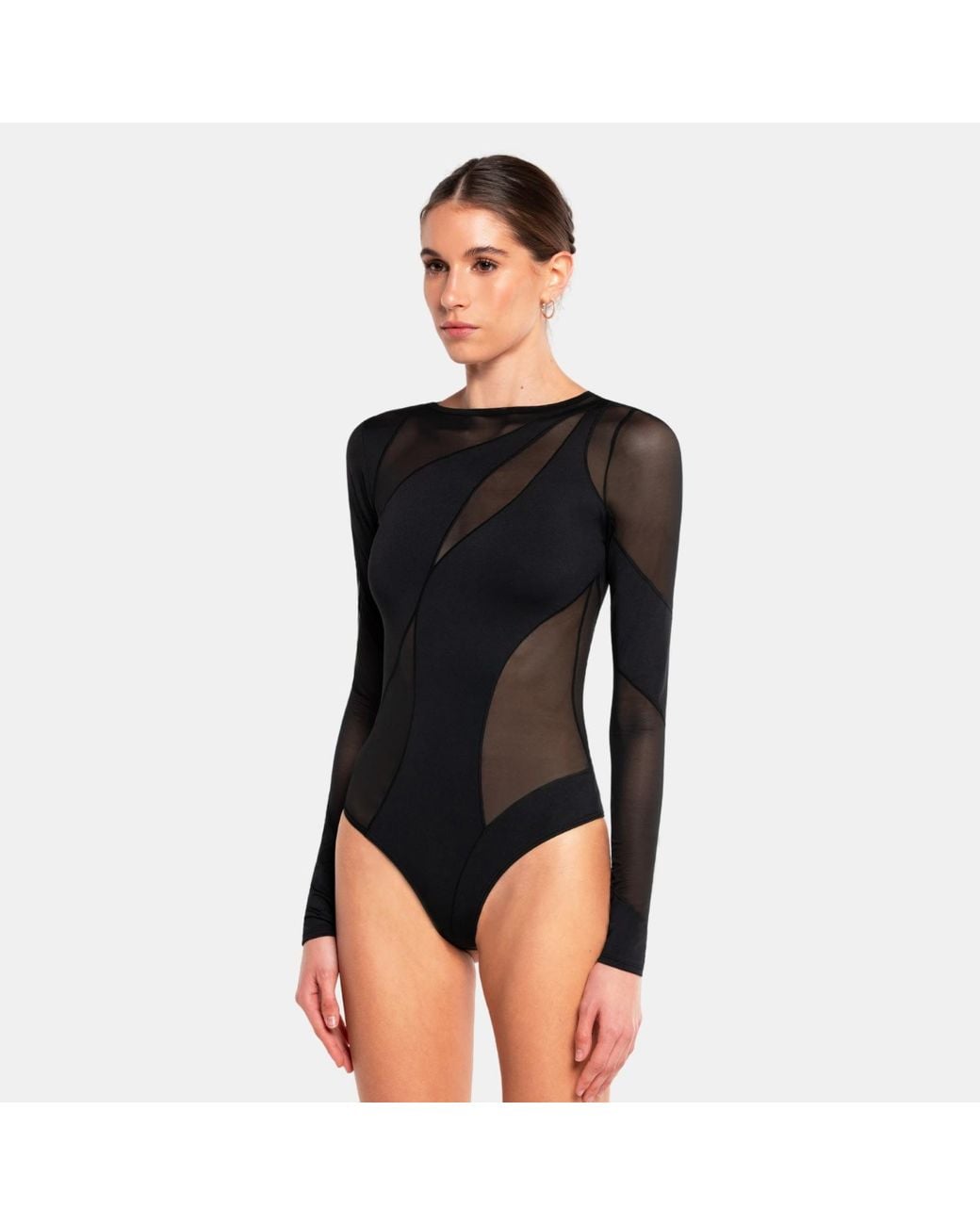 OW Collection Black Spiral Mesh Long Sleeve Bodysuit