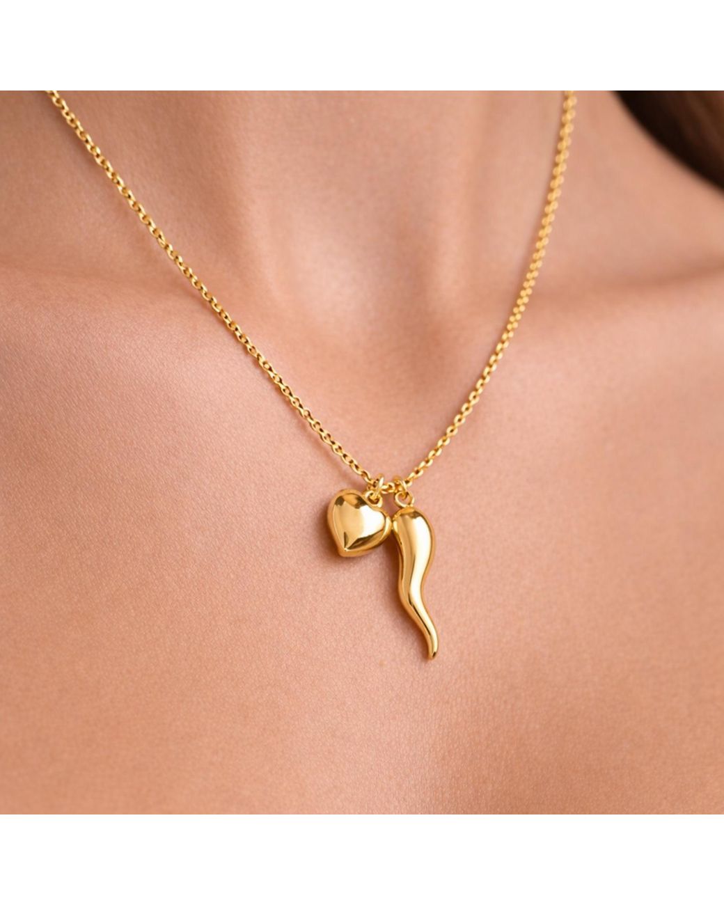 Unaloe Metallic Plated Italian Horn And Heart Necklace – Handmade Good Luck Pendant From Italy