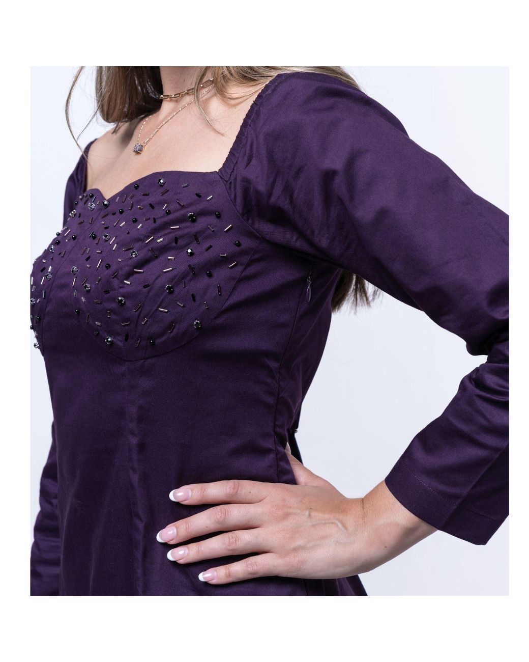 House of Gl Purple Amethyst Beaded Cotton Mini Dress With Sweetheart Neckline
