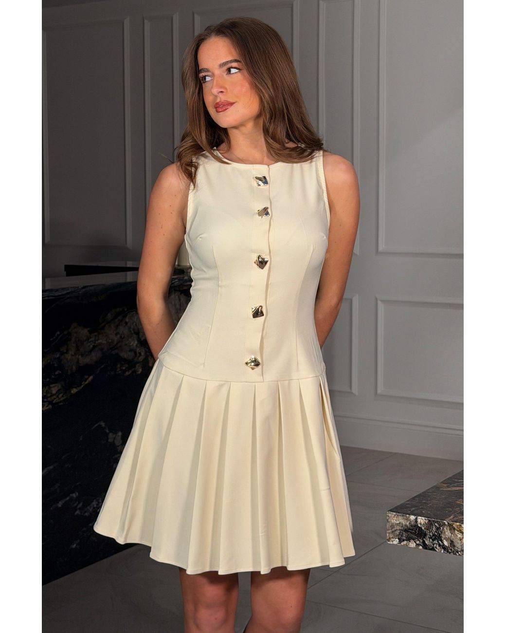 Girl In Mind Natural Penelope Tailored Pleated Mini Dress Cream