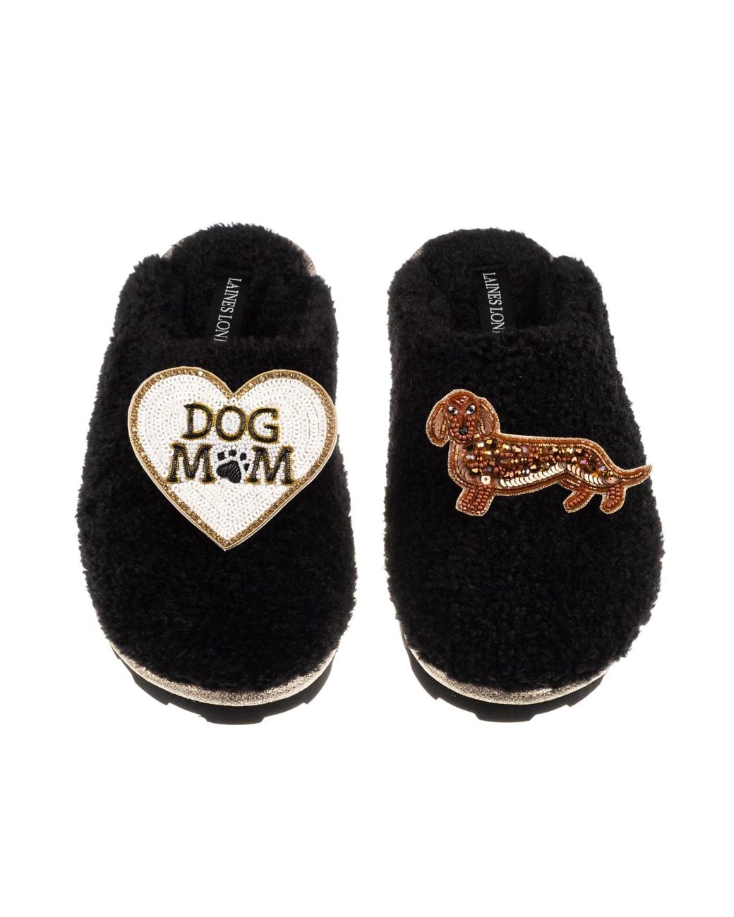 Laines London Black Teddy Closed Toe Slippers With Dog Mum/Mom & Dachshund Brooches