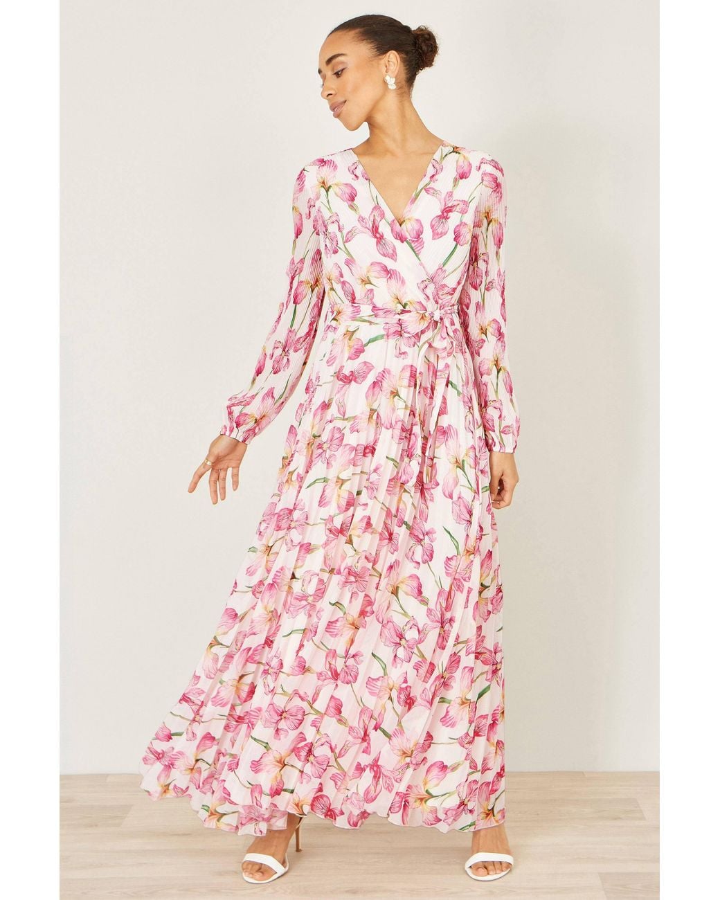 Yumi' Pink Neutrals Orchid Floral Pleated Wrap Maxi Dress