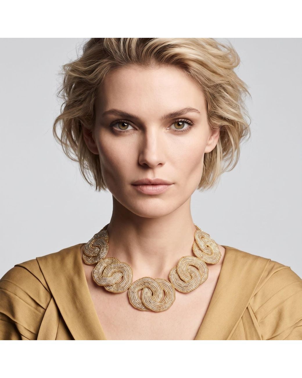 Iliana Arrazola Metallic Crisscrossed Circle Necklace, Glass Beads, Beaded Jewelry