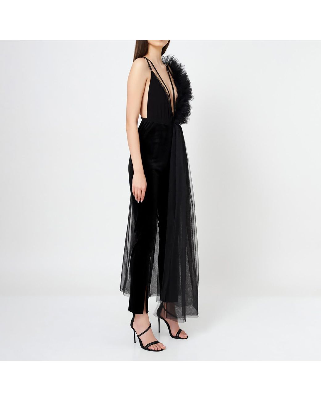 LIA ARAM Black Lace Deconstructed Ruffled Bodysuit