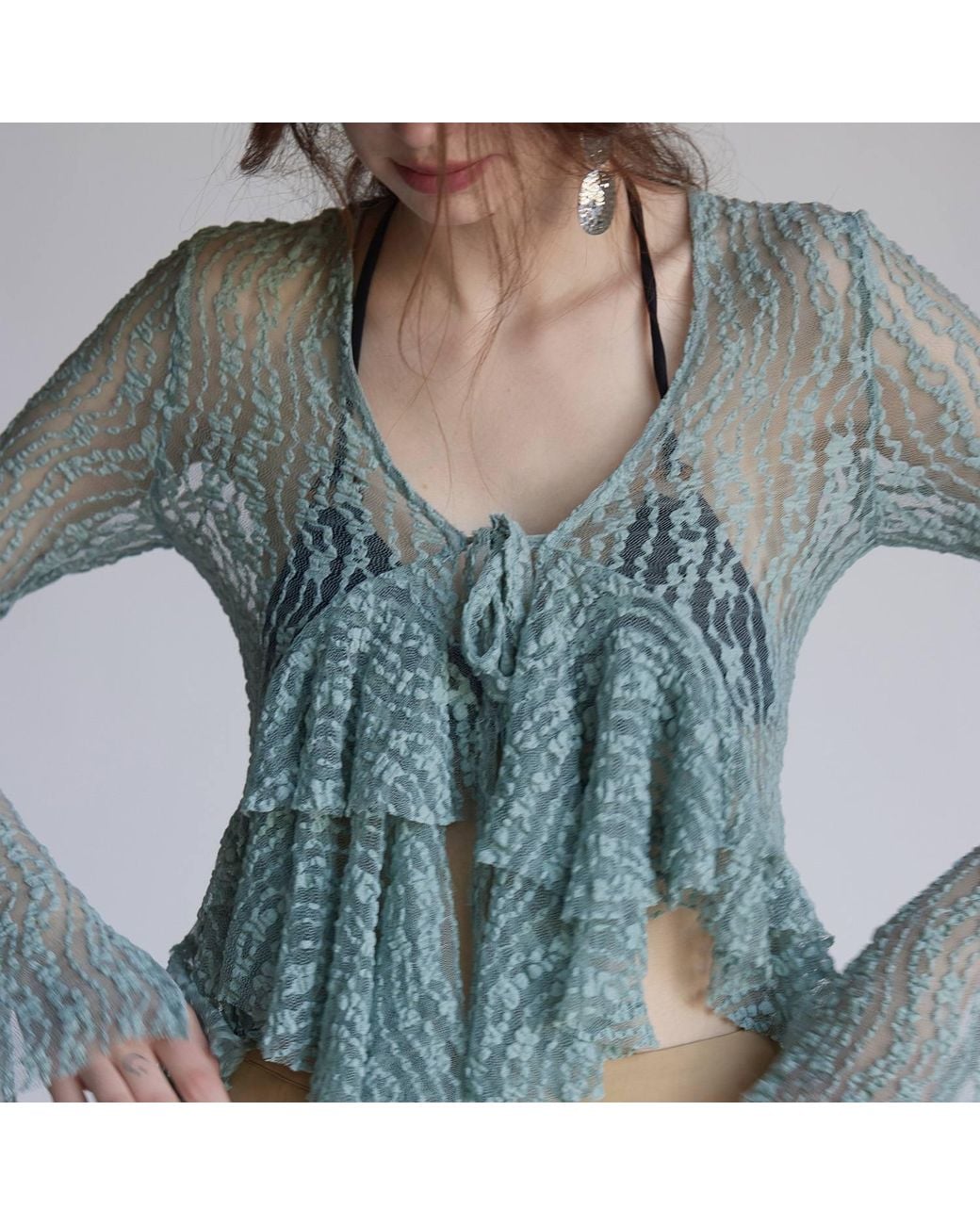 Belsize25 Blue Flared Sleeve Knitted Lace Cardigan