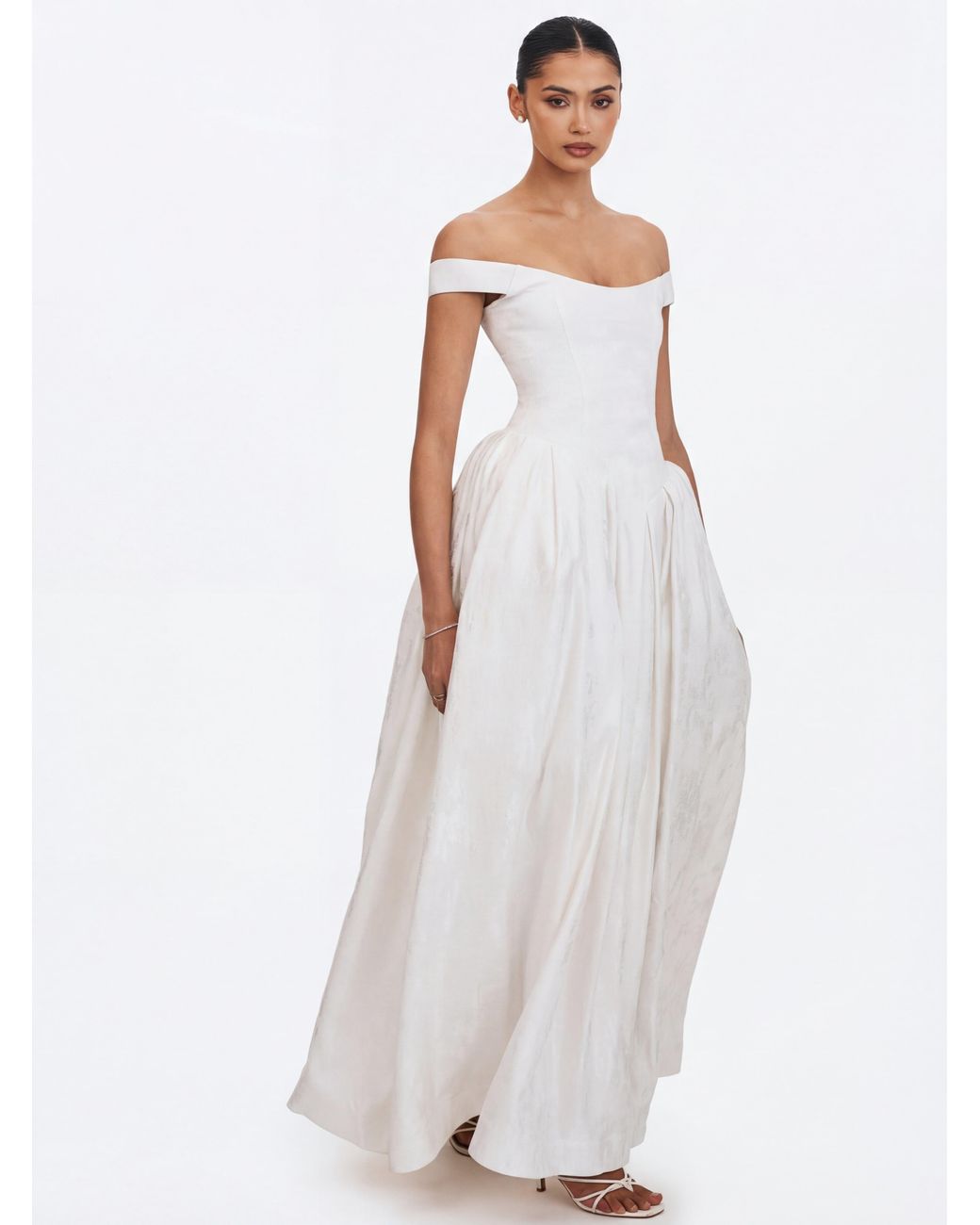 Miss Circle New York White Tinsley Jacquard Bardot Wedding Gown