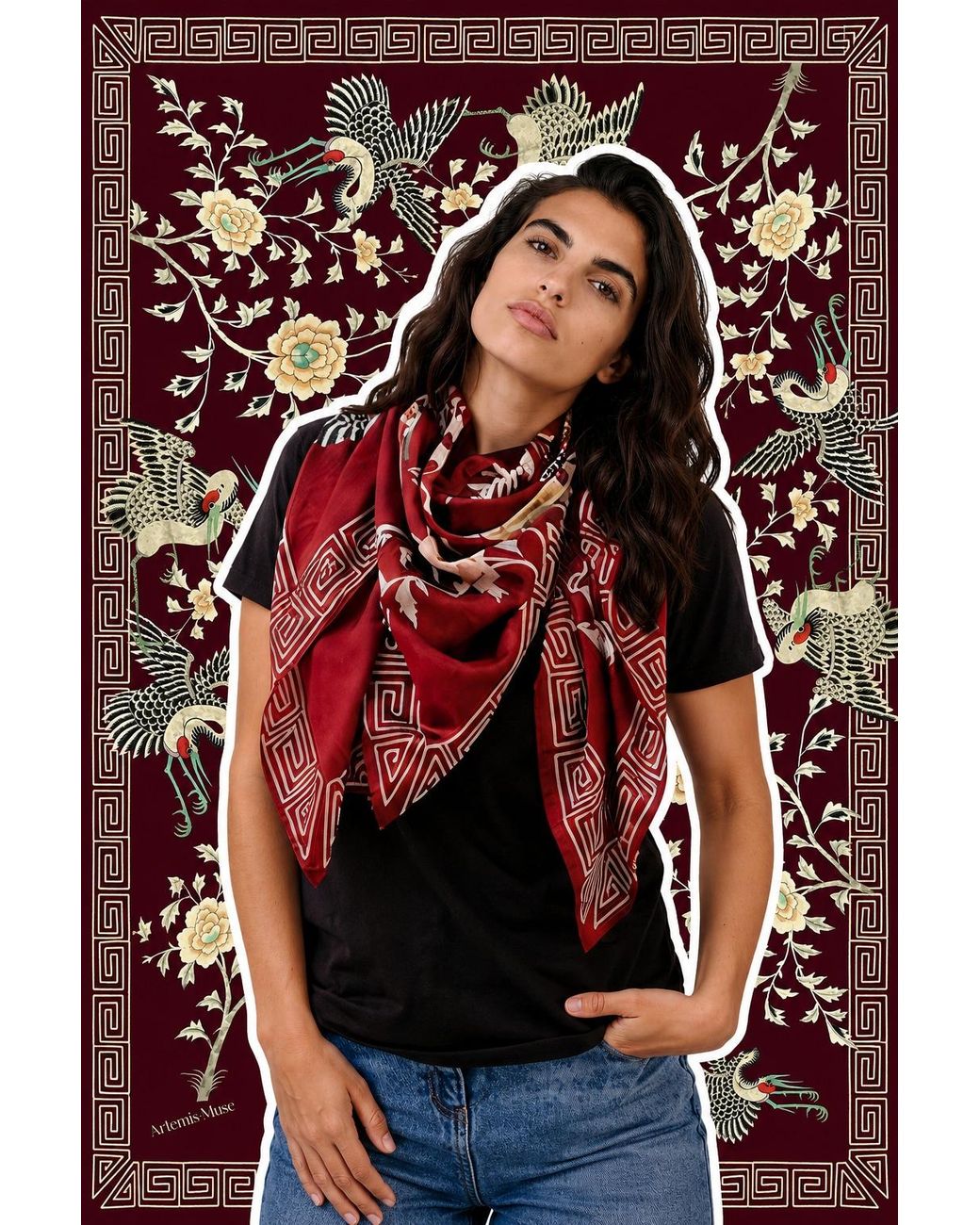 Artemis Muse Red Dynastic Birds Wine Luxury Silk Large Scarf