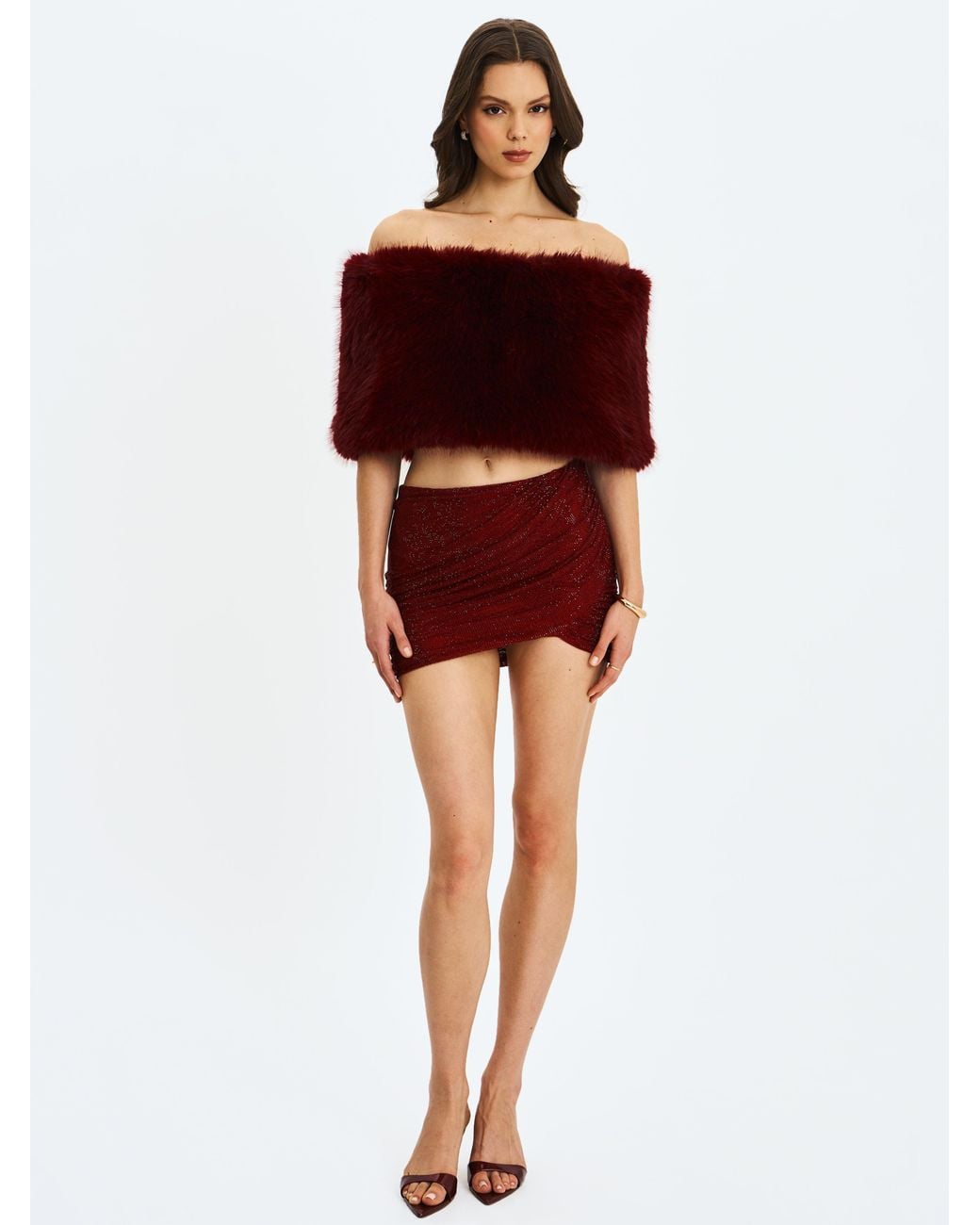 Miss Circle New York Red Darla Burgundy Faux Fur Off-Shoulder Cropped Top
