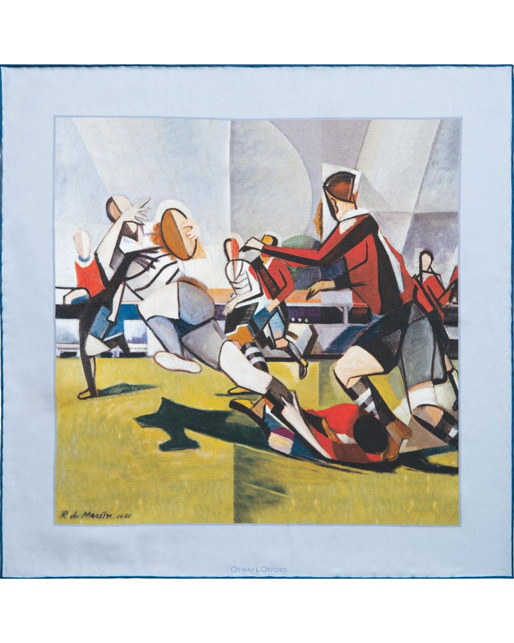 Otway & Orford Blue 'The Rugby Football Match' Silk Pocket Square. Full-Size for men