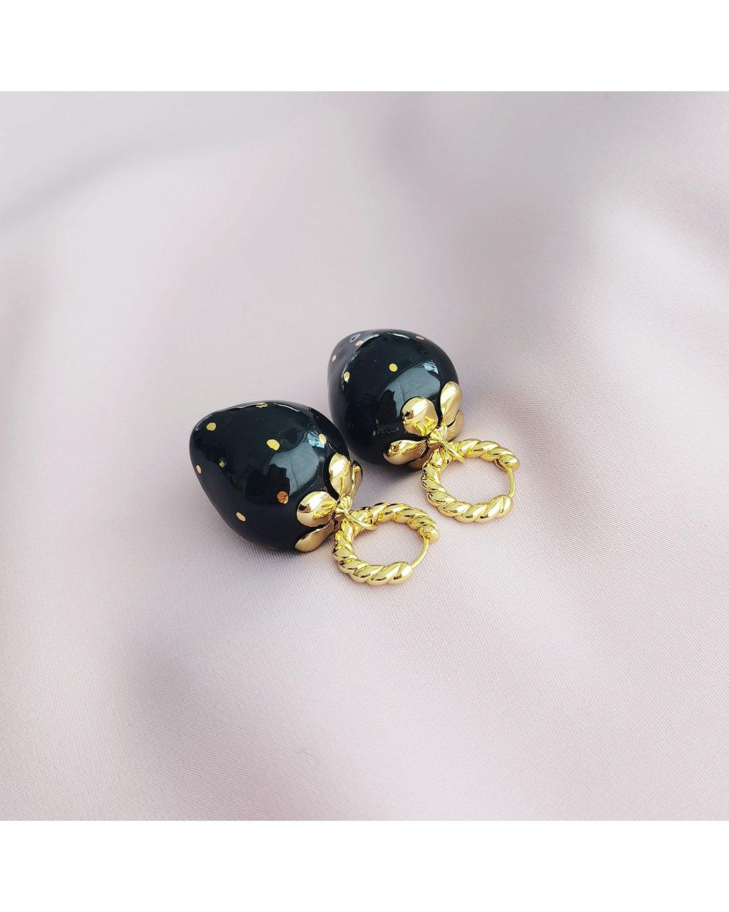 POPORCELAIN Golden Black Porcelain Strawberry Earrings
