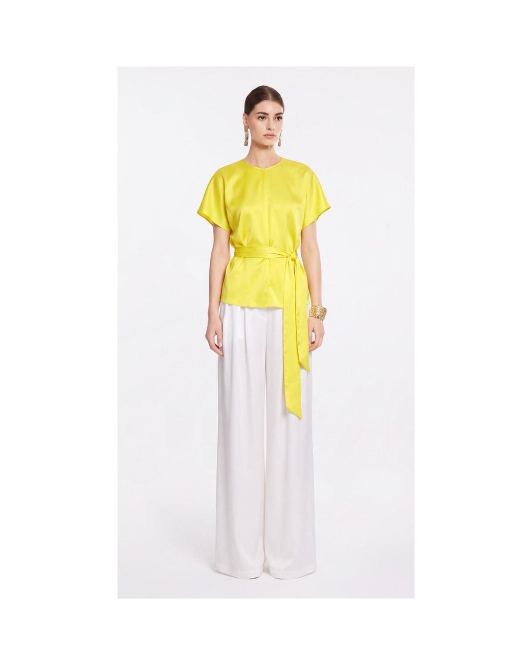 concept A trois Yellow Yelow Satin Top With Waist Tie