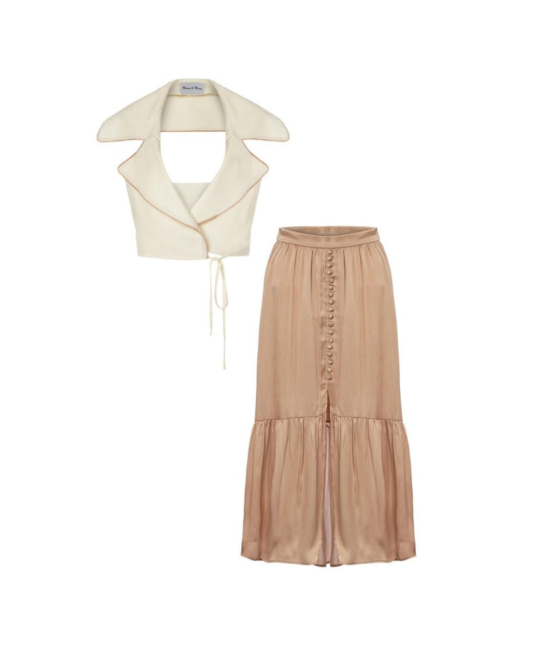 Women & Women Brown Neutrals Hermosa Slit, Long, Buttoned, Satin Skirt