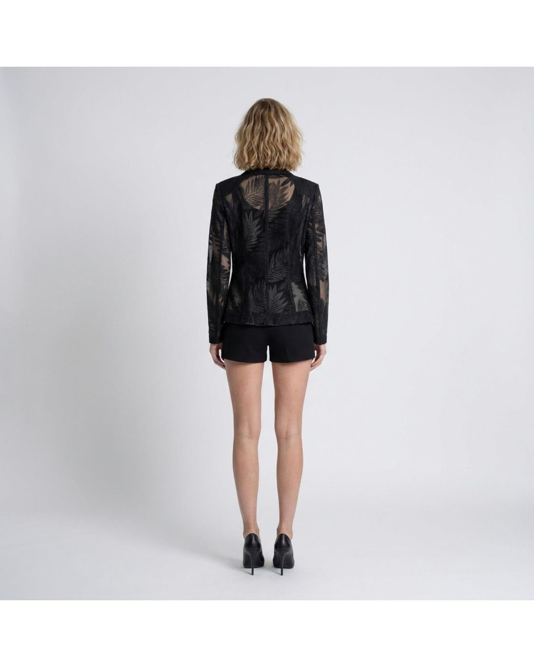 Modenaire Black Tailored Blazer With Sheer Lace Sleeves And Single Button Front