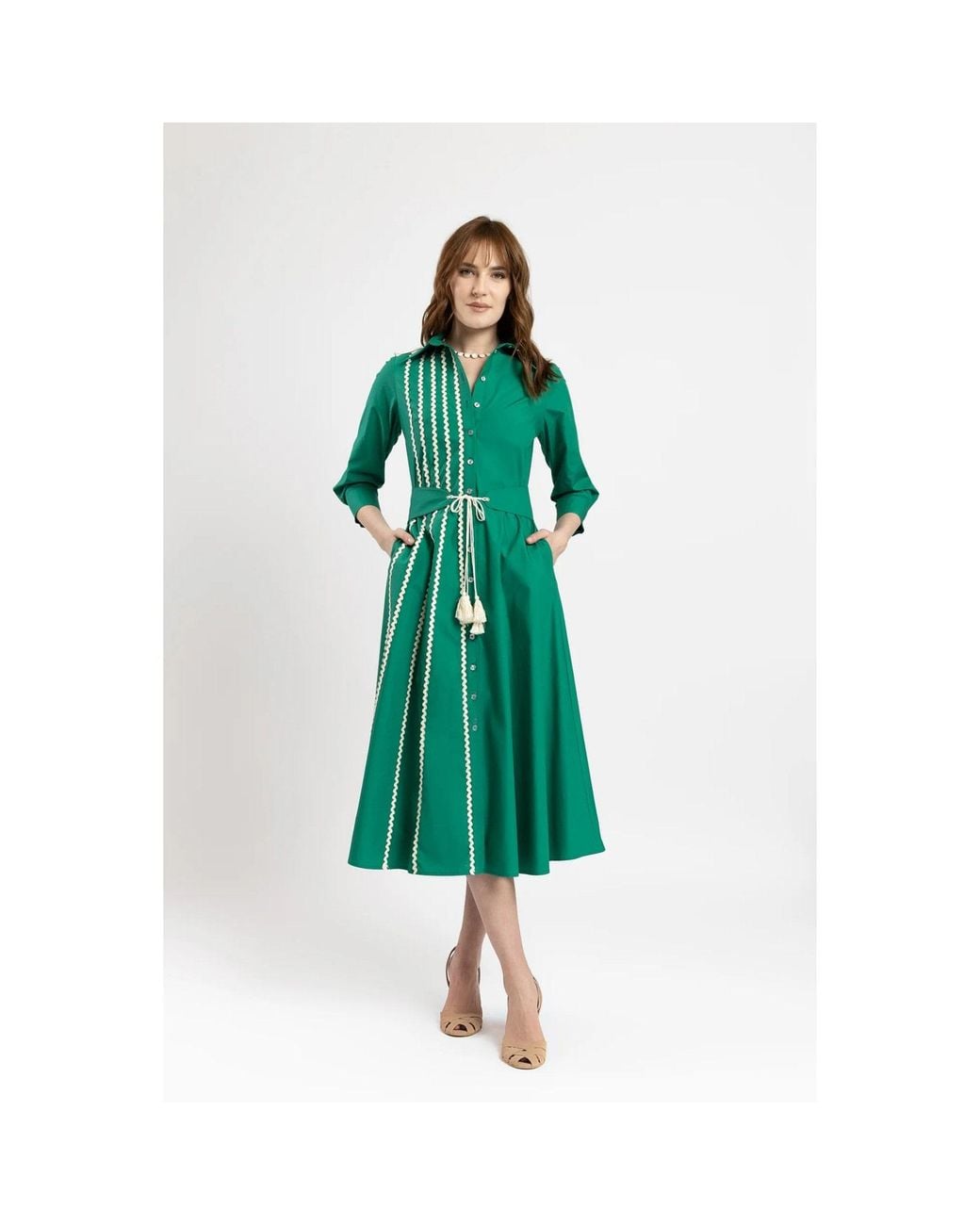 IZABELA MANDOIU Green Emerald Midi Shirt Dress With Ric Rac Trim & Tassel Belt