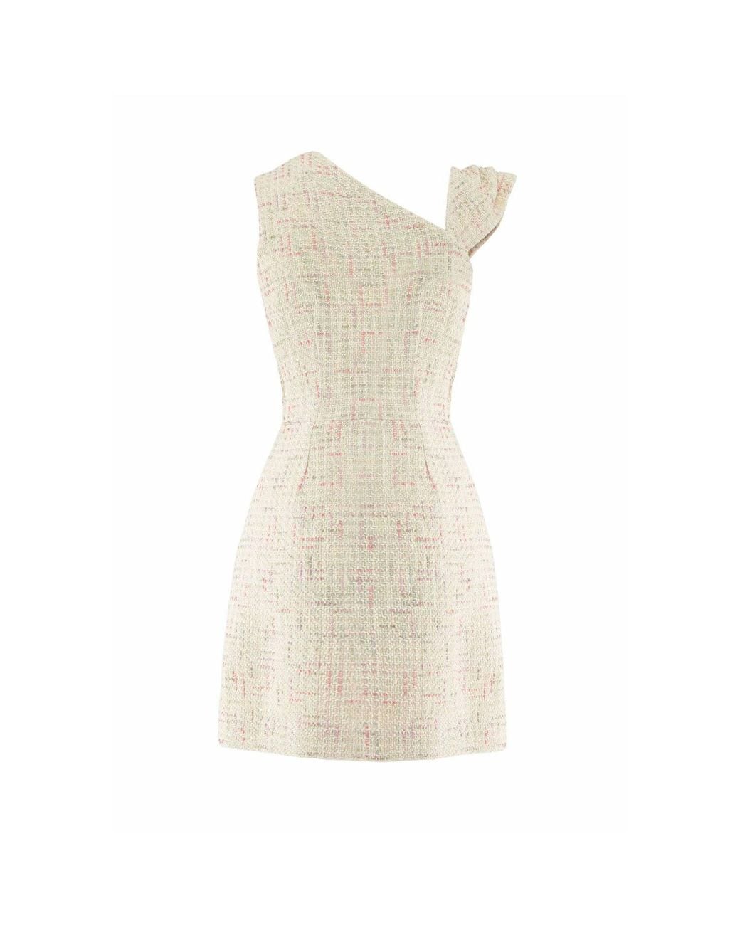 AVENUE No.29 Natural Asymmetric Neckline Boucle Mini Dress