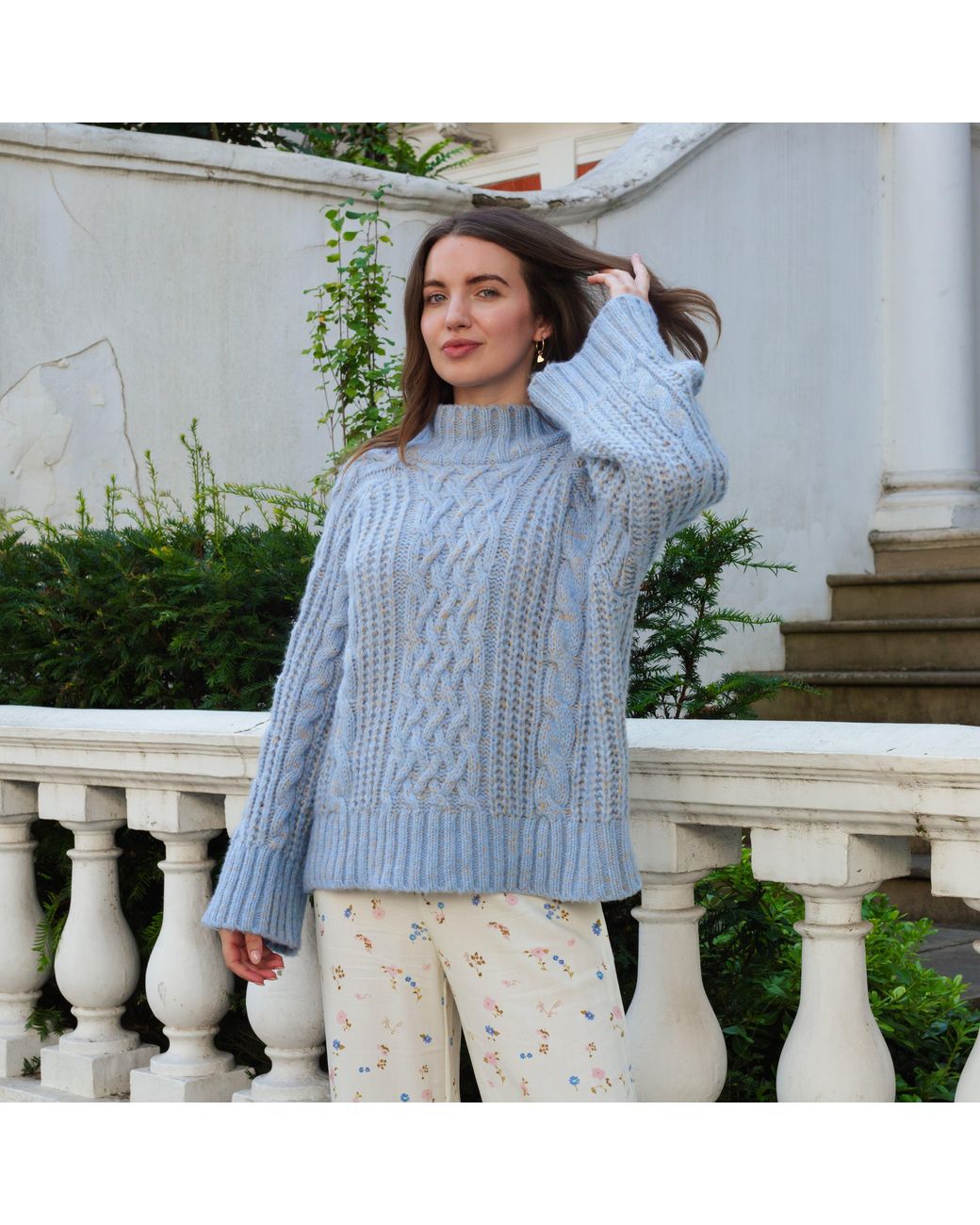 Cara & The Sky Blue Sarah High Neck Cable Wide Sleeve Jumper