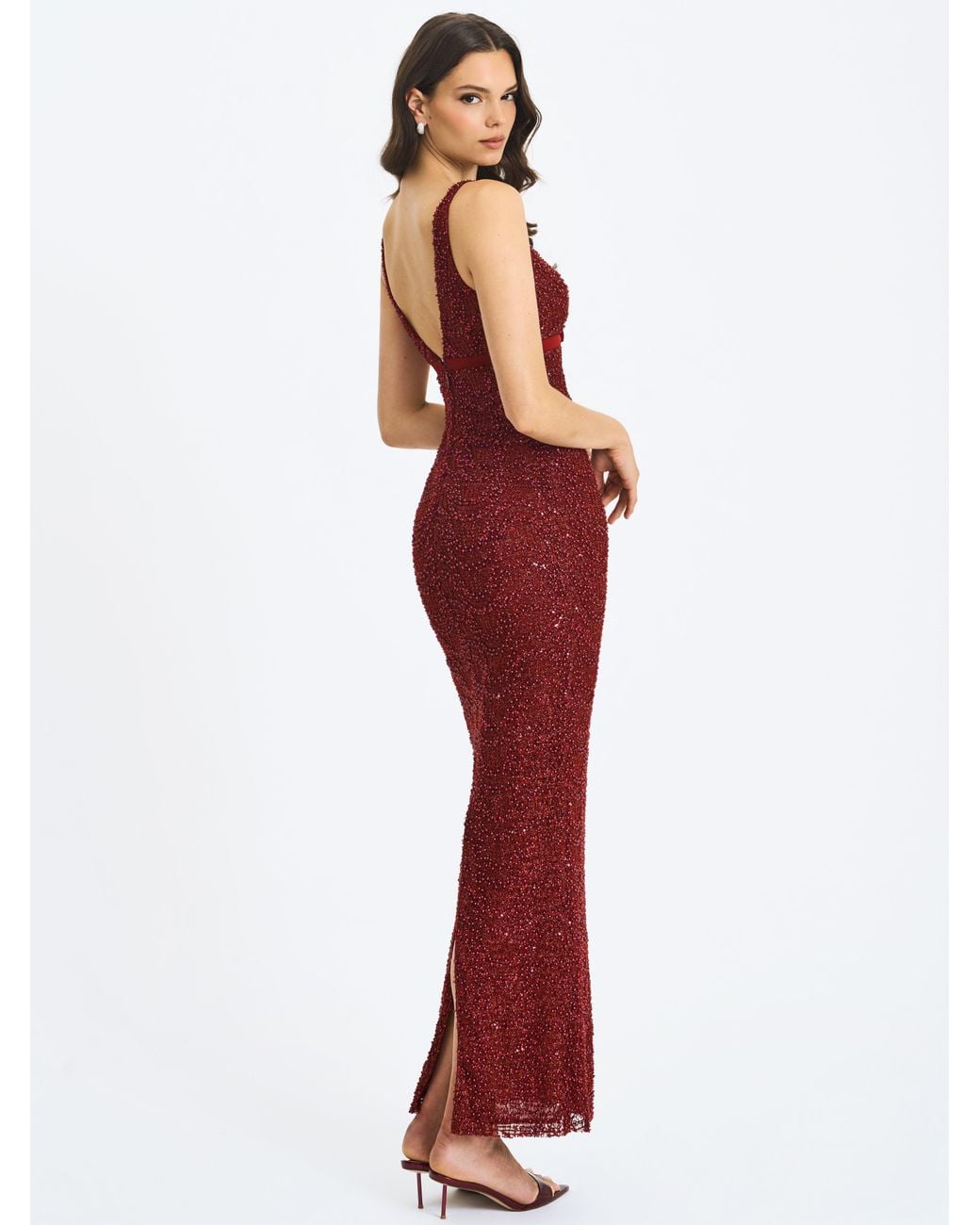 Miss Circle New York Red Elora Crimson Sequin Beaded Keyhole Maxi Dress
