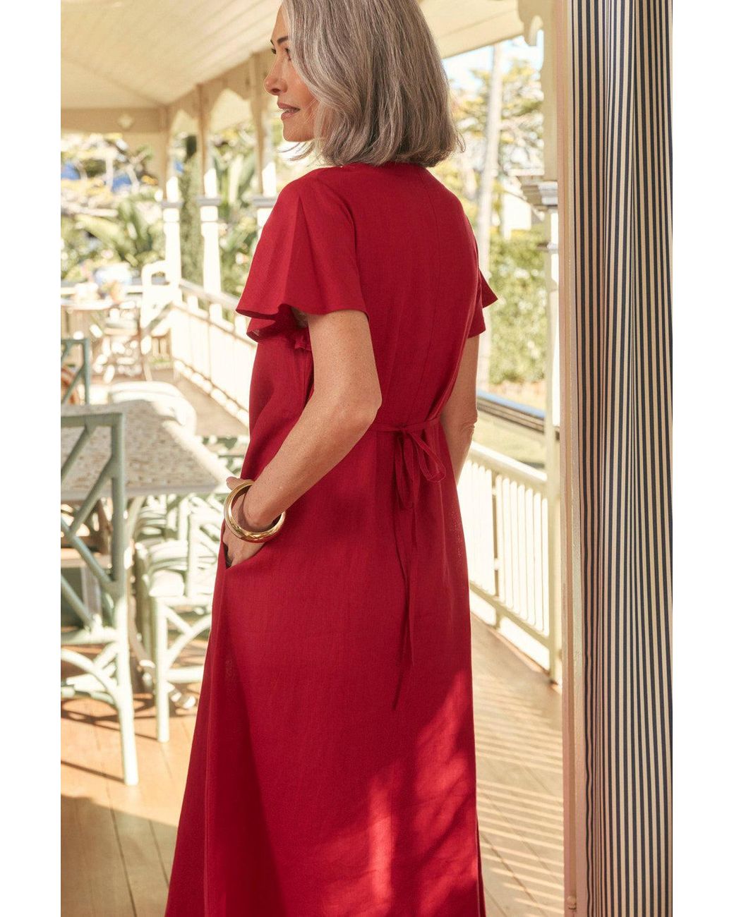 Adrift Clothing Red Tatum Linen Flutter Sleeve Dress