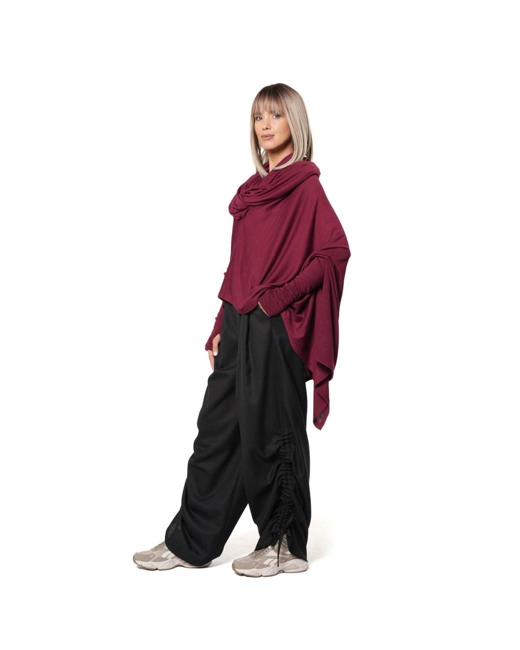 Metamorph Red Extravagant Cotton Tunic With Scarf Collar