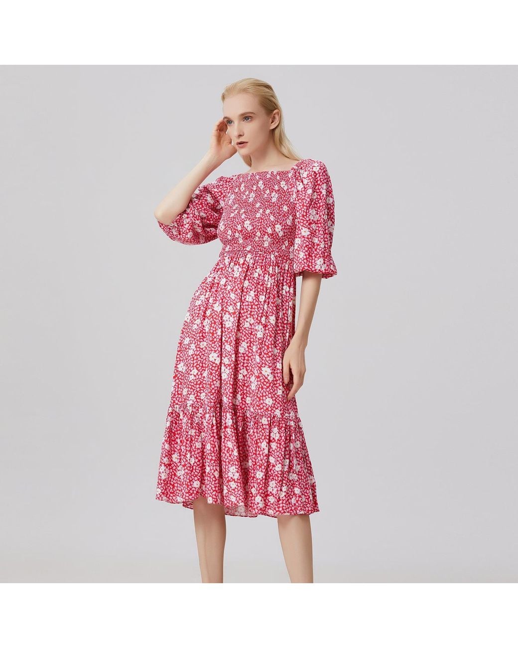Smart and Joy Smocks Flared Dress With Flower Print