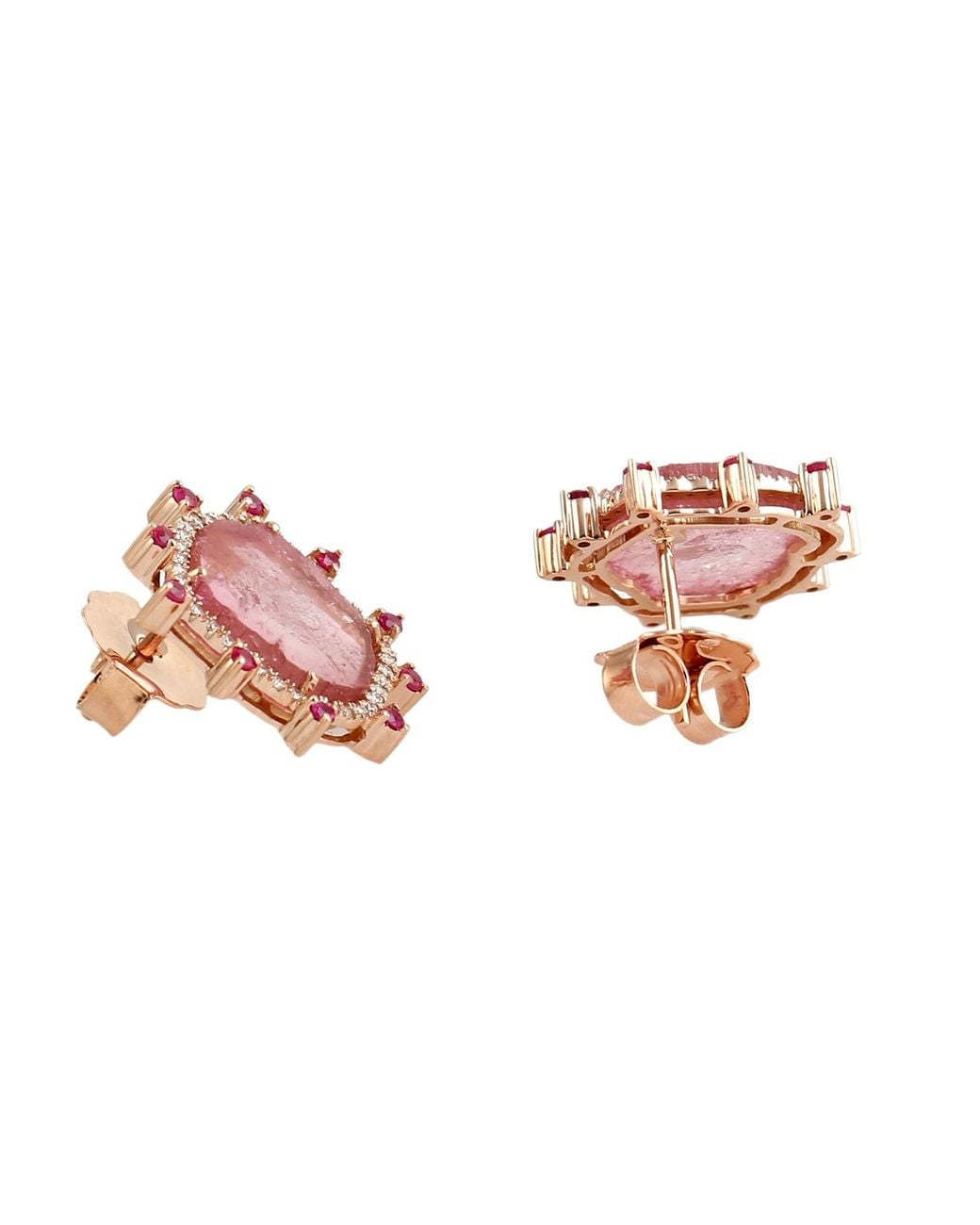 Artisan Pink 18K Melon Tourmaline, Ruby & Diamond Stud Earrings